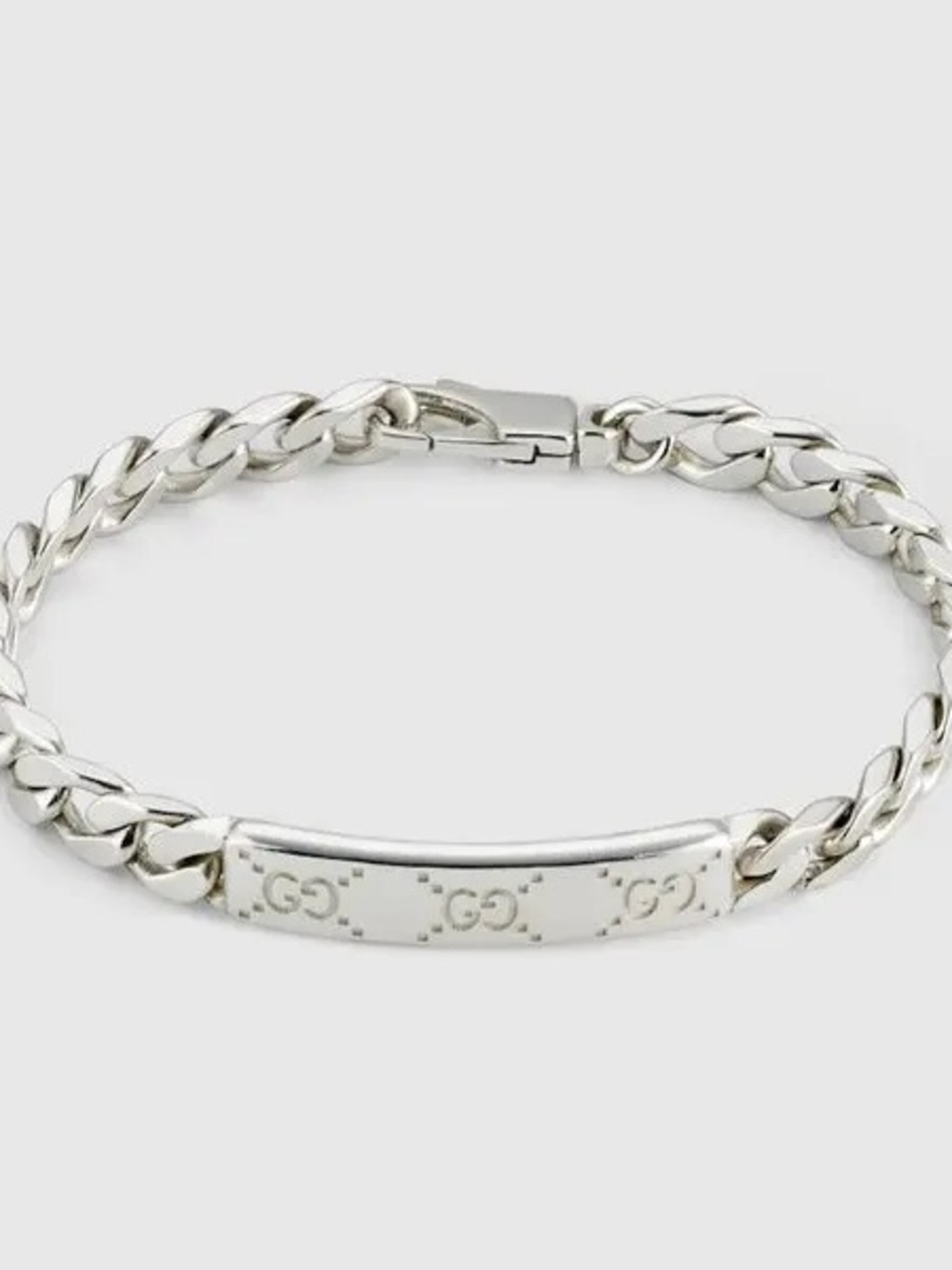 Gucci Silver Curb Chain ID Bracelet with Engraved GG Plate
